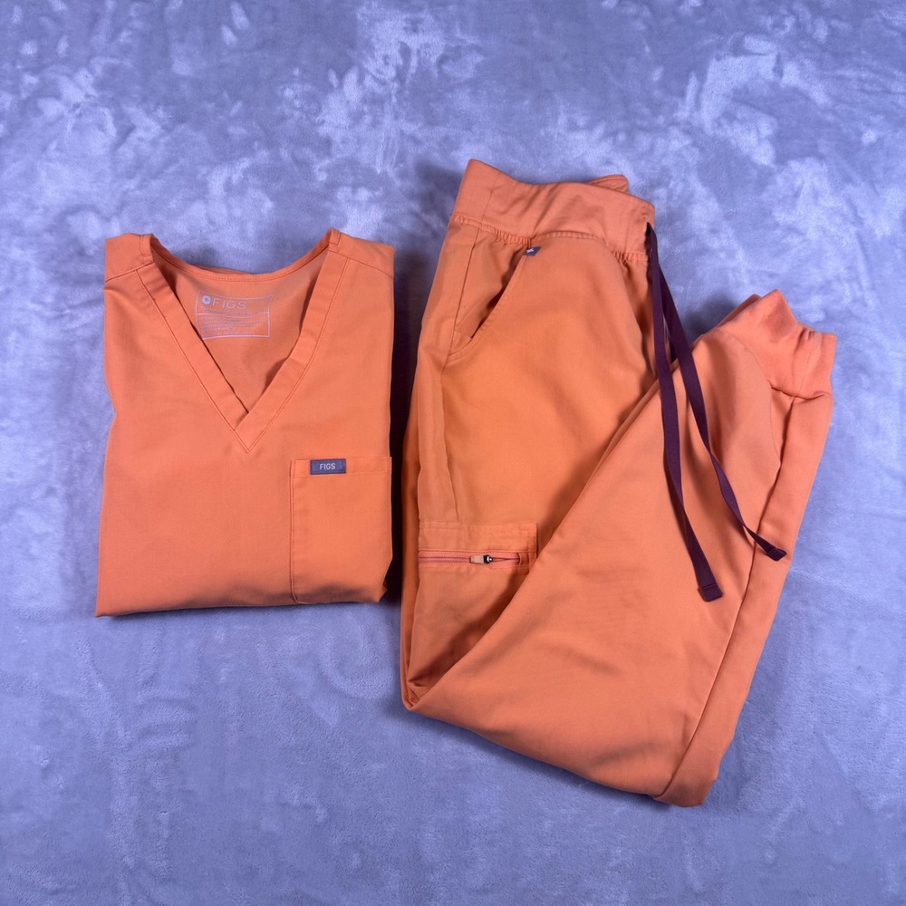 FIGS Technical Collection Women Scrub Set M Orange V-Neck Top & Jogger Pants